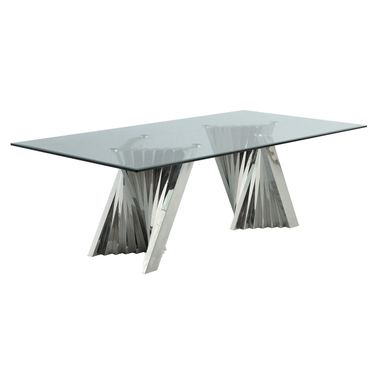 Becky 46 x 94 Inch Dining Table In Clear Glass and Silver Stainless Steel Base