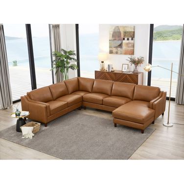 Bella Leather RAF Chaise Sectional In Cognac