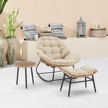 Benson 3-Piece Patio Rocking Chair with Ottoman and Table In Cream