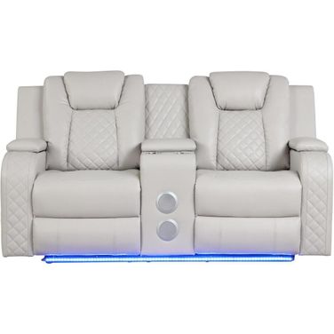 Benz Led and Power Reclining Loveseat Made With Faux Leather In Ice