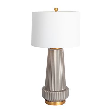 Bernadette Ribbed Glass Table Lamp with Linen Tapered Drum Shade In Gray