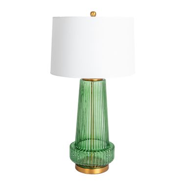 Bernadette Ribbed Glass Table Lamp with Linen Tapered Drum Shade In Green