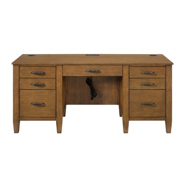Beth Double Pedestal Desk with Power/USB In Brown Oak