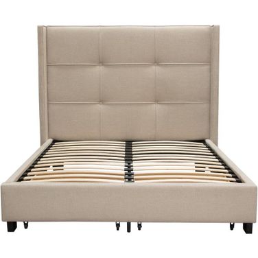 Beverly Eastern King Bed with Integrated Footboard Storage Unit and Accent Wings in Sand Fabric