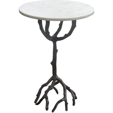 Birch Round Accent Table With Black Casted Aluminum Base And White Marble Top