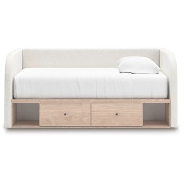 Birkmore Twin Upholstered Day Bed with Storage In Tan and White