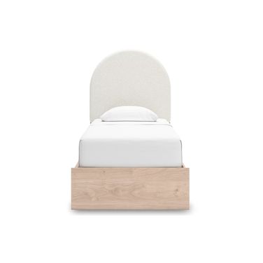 Birkmore Twin Upholstered Panel Bed with Storage In Tan and White