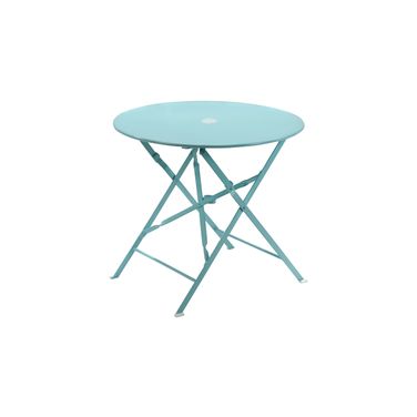 Bistro 30 Inch Round Folding Outdoor Table with Umbrella Hole In Teal