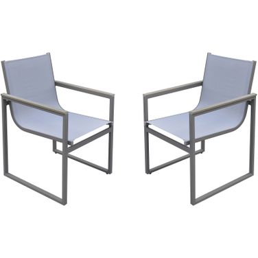 Bistro Outdoor Patio Dining Chair Set of 2 In Gray Powder Coated Finish with Gray Sling Textilene and Gray Wood Accent Arms