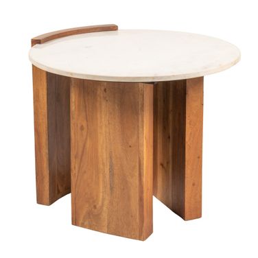Bodhi Round Marble and Mango Wood Semi-Enclosed Slat Coffee Table In Natural