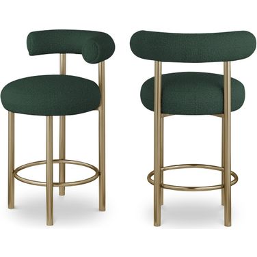 Bordeaux Boucle Fabric Stool Set of 2 In Green/Brushed Brass