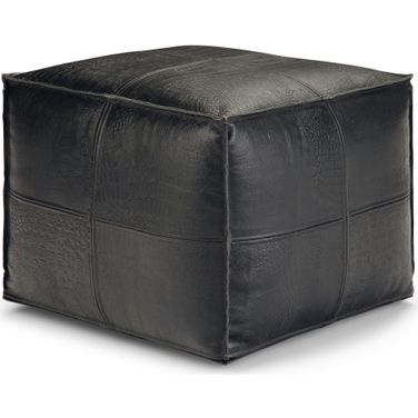 Bowen Genuine Leather Square Pouf In Black