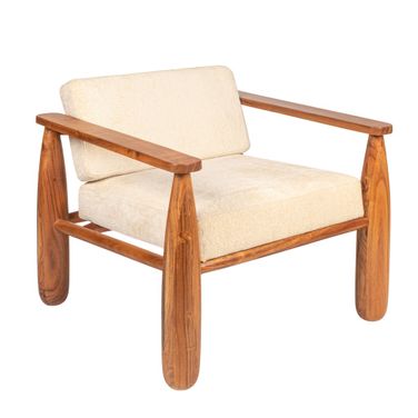 Bowery Acacia Wood and Crushed Velvet Arm Chair In Cream