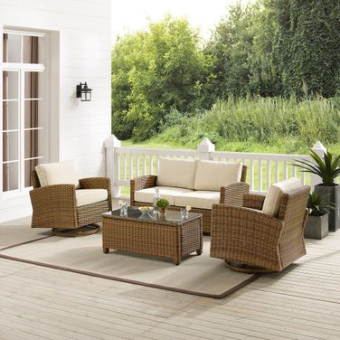 Bradenton 4 Piece Wicker Outdoor Loveseat and Swivel Rocker Set In Sand and Weathered Brown