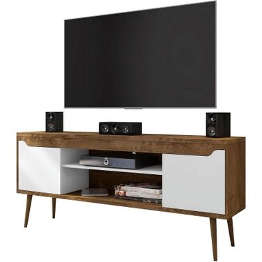 Bradley TV Stand With 2 Media Shelves And 2 Storage Shelves In Rustic Brown And White