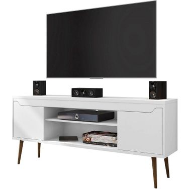 Bradley 62.99 TV Stand White With 2 Media Shelves And 2 Storage Shelves In White With Solid Wood Legs