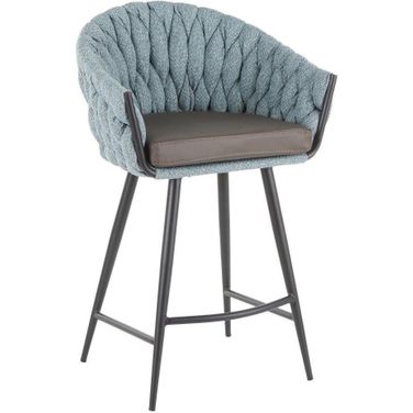 Braided Matisse Contemporary Counter Stool In Black Metal With Grey Faux Leather And Blue Fabric