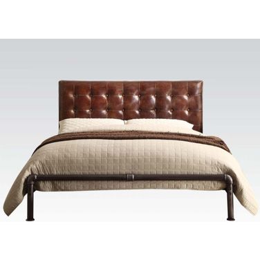 Brancaster Vintage Brown Leather Queen Upholstered Metal Bed