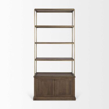 Braxton Wood with Antiqued Aged Brass Metal 3 Tiers 2 Door Shelving Unit In Medium Brown