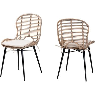 Brenna Rattan and Metal Dining Chair Set of 2 In Grey and Natural Brown