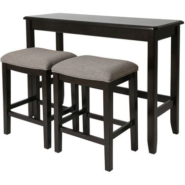 Brevard 48 Inch Pub Sofa Table with Two Nested Upholstered Stools In Espresso and Gray