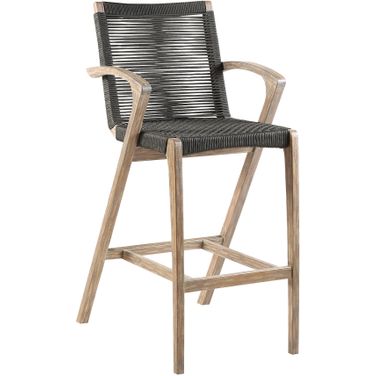 Brielle Armed UV Protected Outdoor Light Eucalyptus Wood and Charcoal Rope Bar Height Stool with Footrest