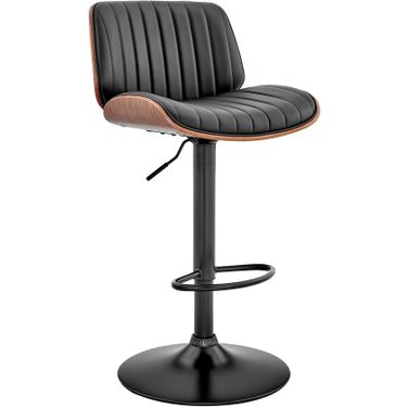 Brock Adjustable Black Faux Leather and Walnut Wood Bar Stool with Black Base