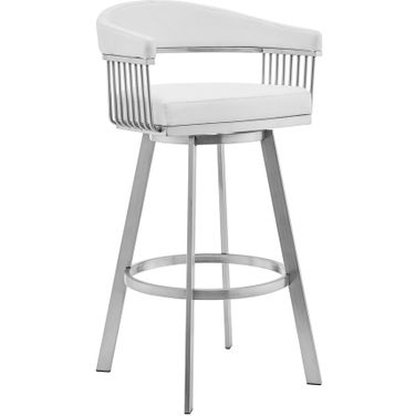 Bronson 29 Inch White Faux Leather and Brushed Stainless Steel Swivel Bar Stool