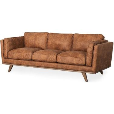 Brooks Cognac Faux Leather Three Seater Sofa With Medium Brown Wooden Legs