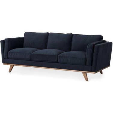 Brooks Navy Blue Fabric Three Seater Sofa With Medium Brown Wooden Legs
