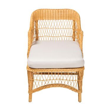 Bruno Natural Rattan Handwoven Wicker Chaise Lounge Chair with Cushion and Rounded Backrest In Light Honey and White