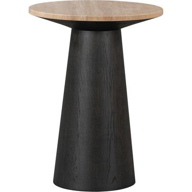 Brynn Solid Wood with Oak Veneer Warm Travertine Marble Top Round 18 Inch Accent Table In Brown