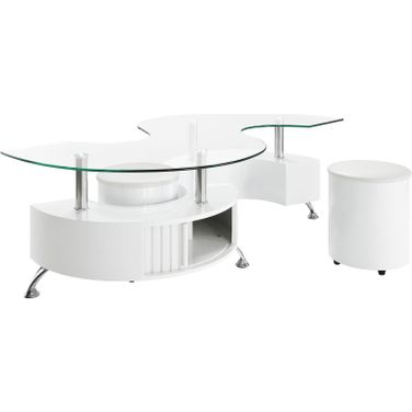 Buckley Curved Glass Top Coffee Table With Stools White High Gloss