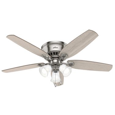Builder 52 Inch Low Profile Ceiling Fan with LED Light Kit and Pull Chain In Brushed Nickel and Light Gray Oak