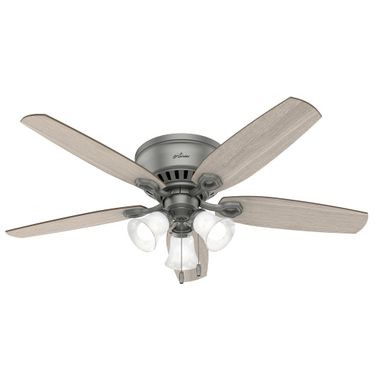 Builder 52 Inch Low Profile Ceiling Fan with LED Light Kit and Pull Chain In Matte Silver and Warm Grey Oak