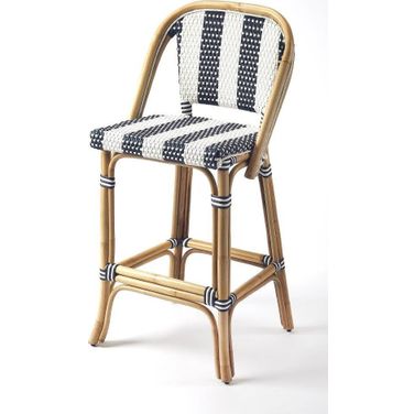 Butler Lila Blue and White Stripe Rattan Bar Stool