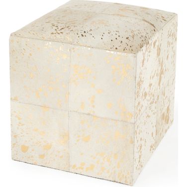 Victorian Hair On Hide with Spots Cube Ottoman In White and Gold