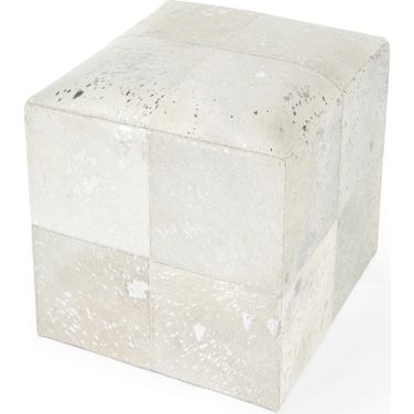 Victorian Hair On Hide with Silver Spots Cube Ottoman In White