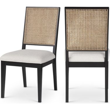 Butterfly Cream Linen Textured Fabric Dining Chair Set of 2 In Black