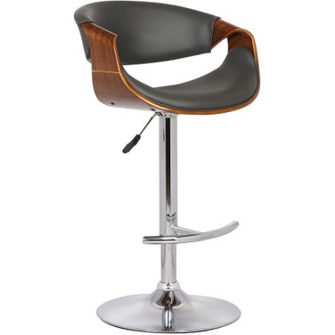 Butterfly Adjustable Height Swivel Gray Faux Leather and Walnut Wood Bar Stool with Chrome Base
