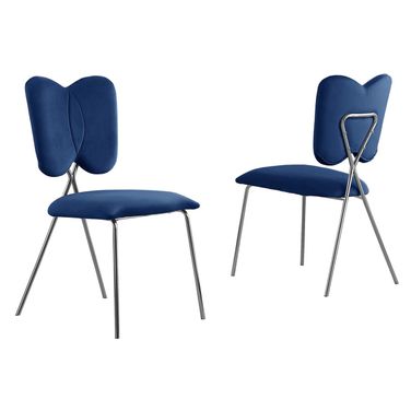 Butterfly Winged Side Chairs Set of 4 In Navy Blue Velvet and Silver Chrome Base