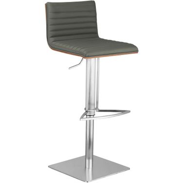Cafe Adjustable Height Swivel Gray Faux Leather and Walnut Wood Bar Stool with Brushed Stainless Steel Base