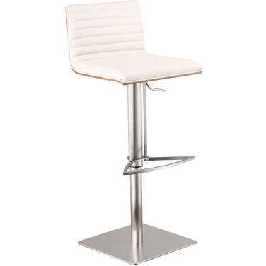 Cafe Adjustable Height Swivel White Faux Leather and Walnut Bar Stool with Brushed Stainless Steel Base