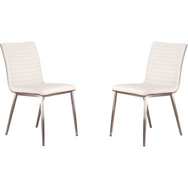Cafe Brushed Stainless Steel Dining Chair Set of 2 In White Faux Leather with Walnut Back