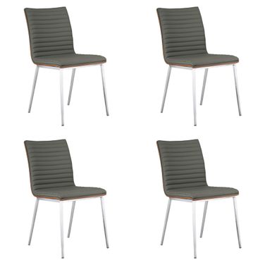 Cafe Brushed Stainless Steel Dining Chair Set of 4 In Gray and Walnut