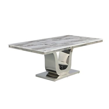 Cahaya 78 x 40 Inch Dining Table In White Marble and Silver Stainless Steel Base
