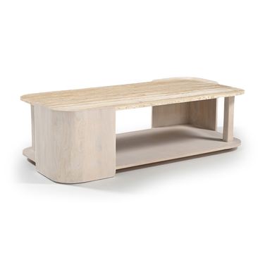 Calabria Marble and Oak Wood Coffee Table In Beige and Cream