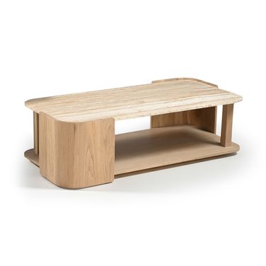 Calabria Marble and Oak Wood Coffee Table In Beige and Natural