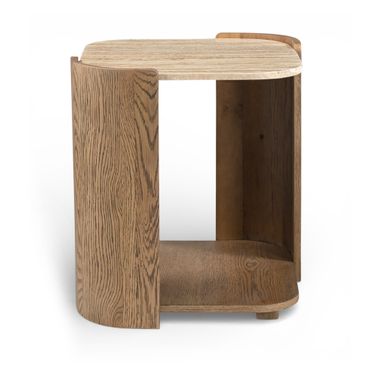 Calabria Marble and Oak Wood End Table In Beige and Brown