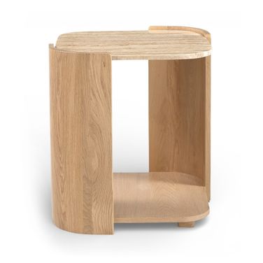 Calabria Marble and Oak Wood End Table In Beige and Natural